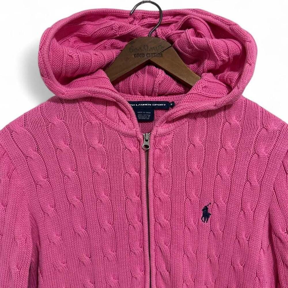 Vintage Ralph Lauren Sport Cable Knit Full Zip Hoodie Pink Medium